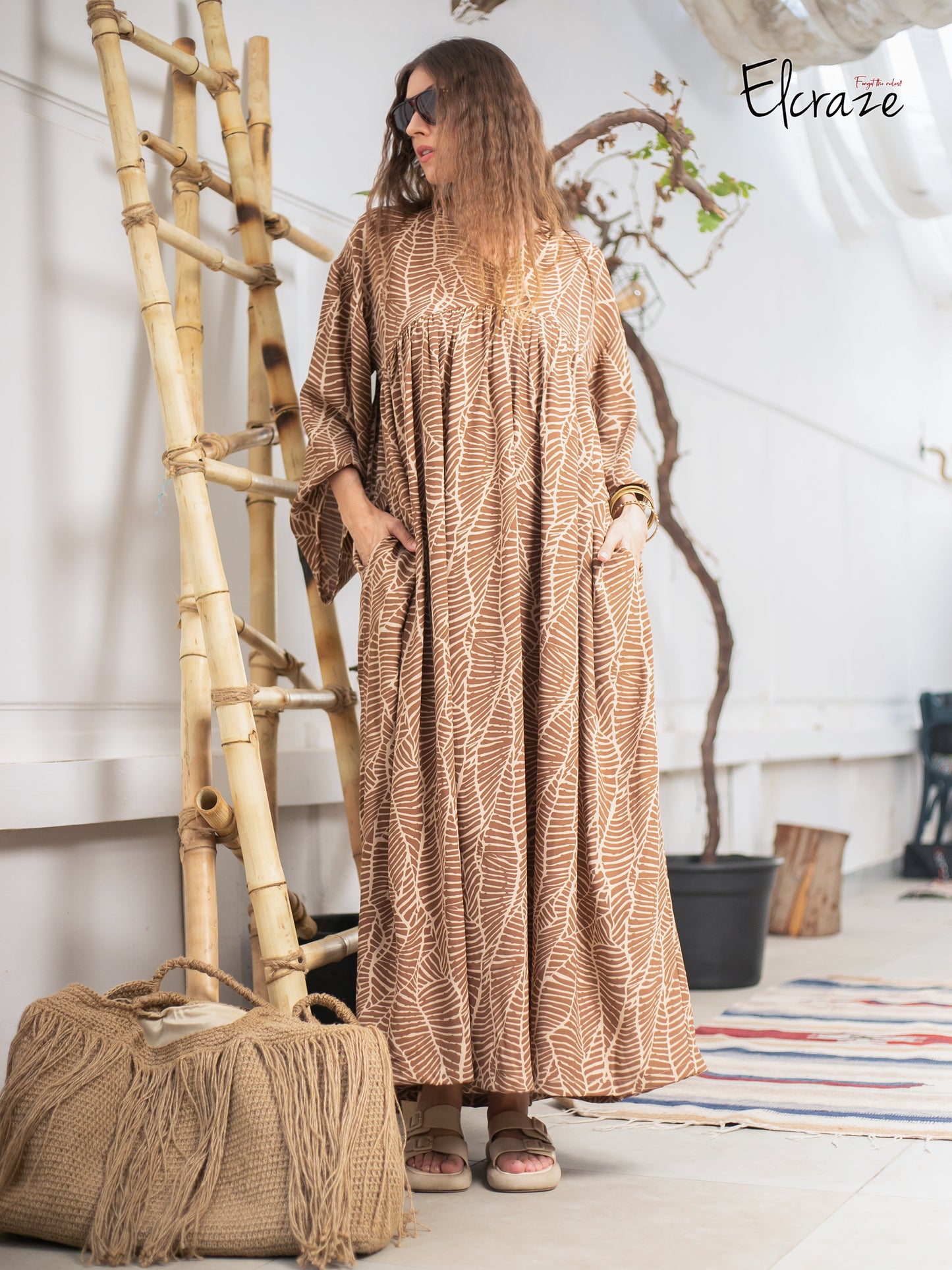 long sleeve exotic print dress