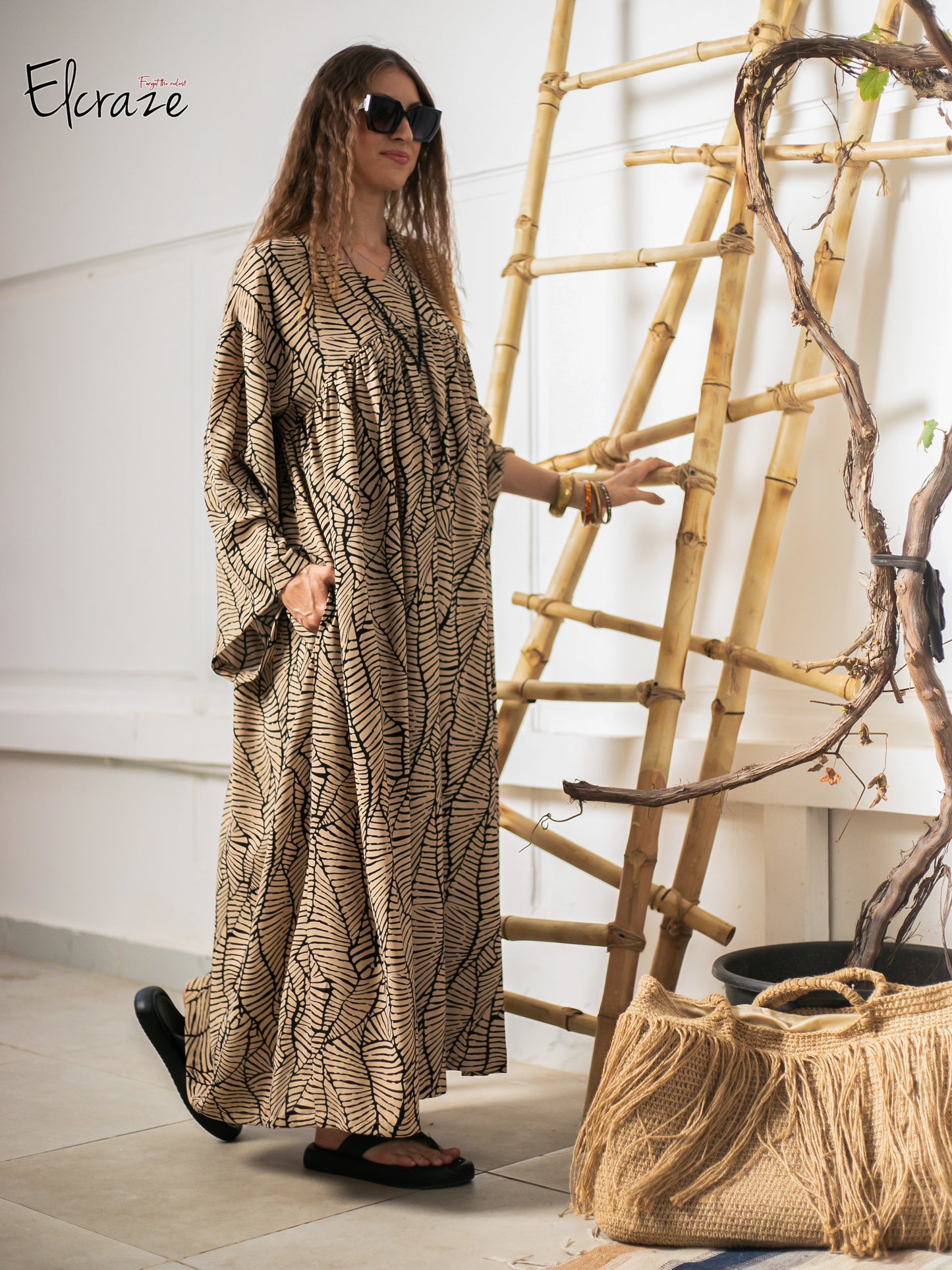 long sleeve exotic print dress