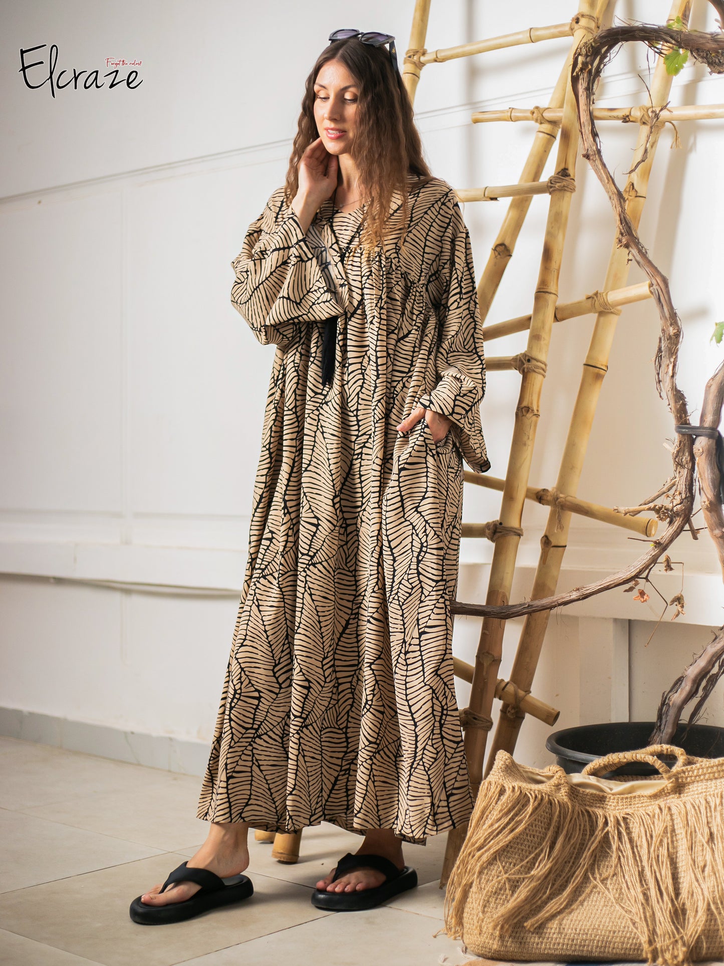 long sleeve exotic print dress