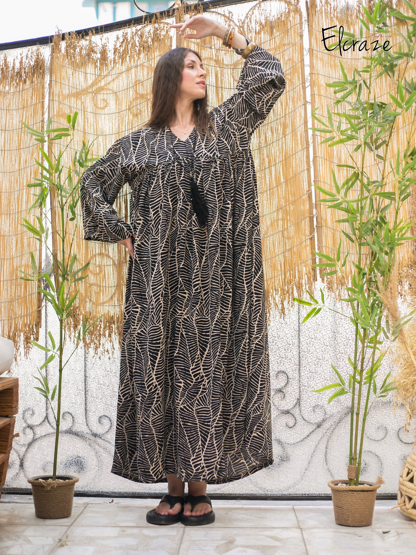 long sleeve exotic print dress