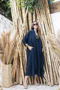 jacquard linen dress blue black