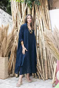 jacquard linen dress blue black