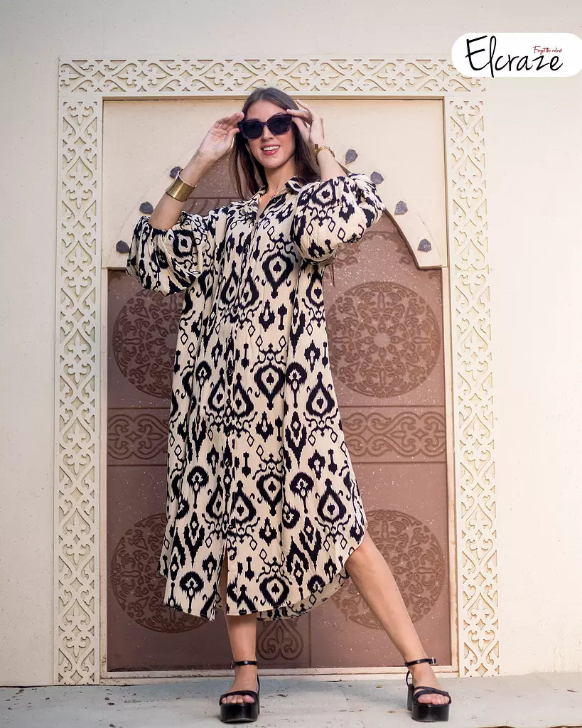 pure cotton printed shirt dress beige