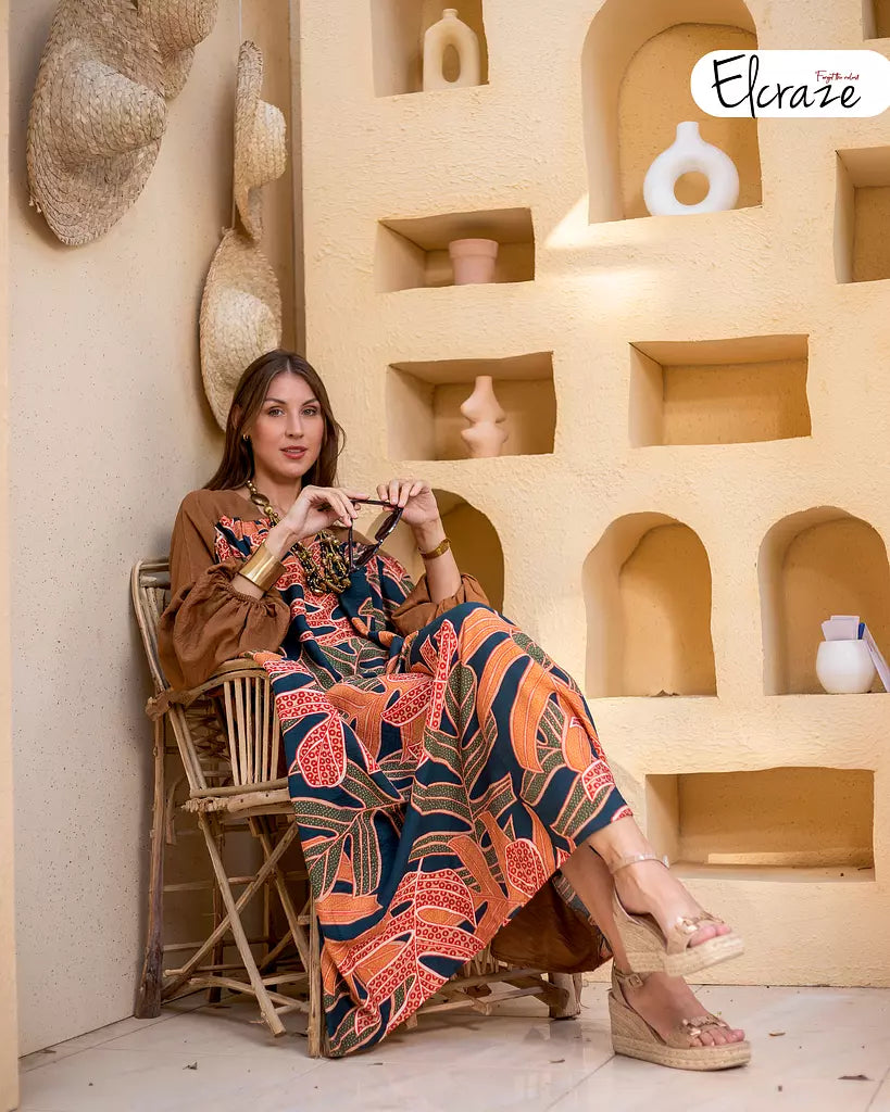 printed synthetic linen dress brown