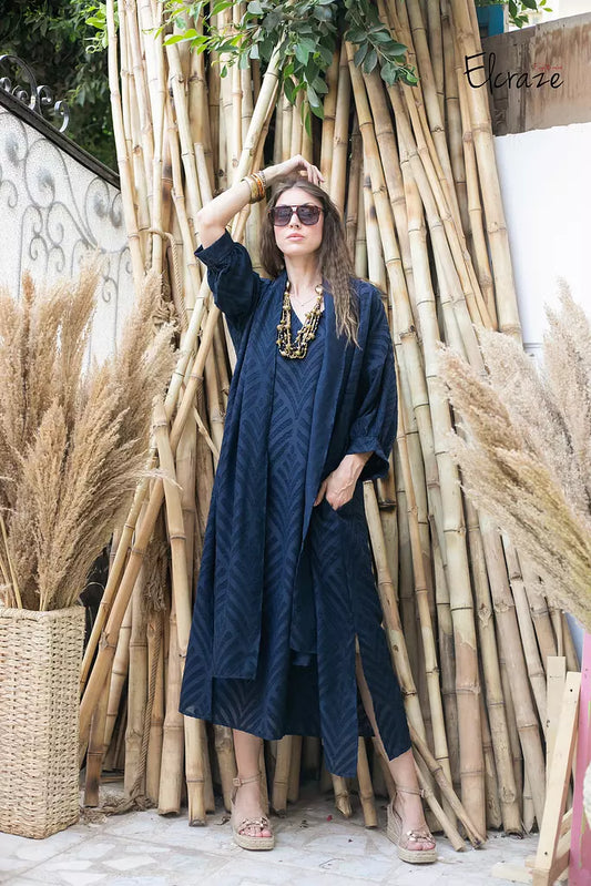 jacquard linen dress blue black