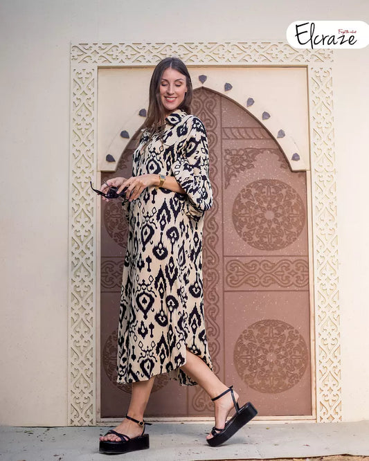 pure cotton printed shirt dress beige