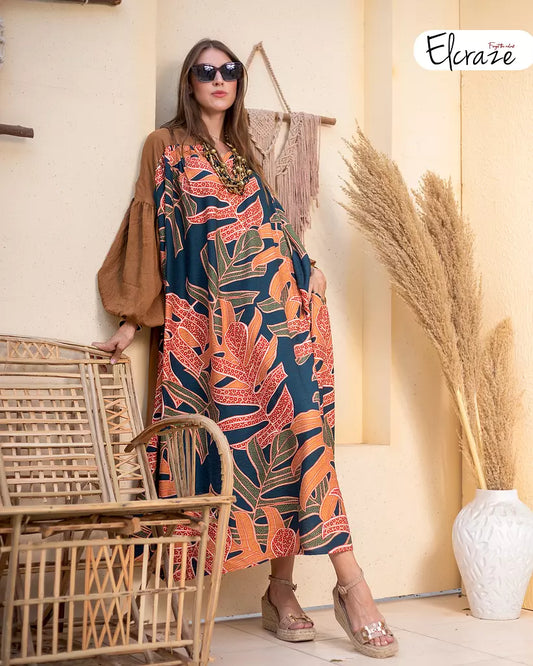 printed synthetic linen dress brown